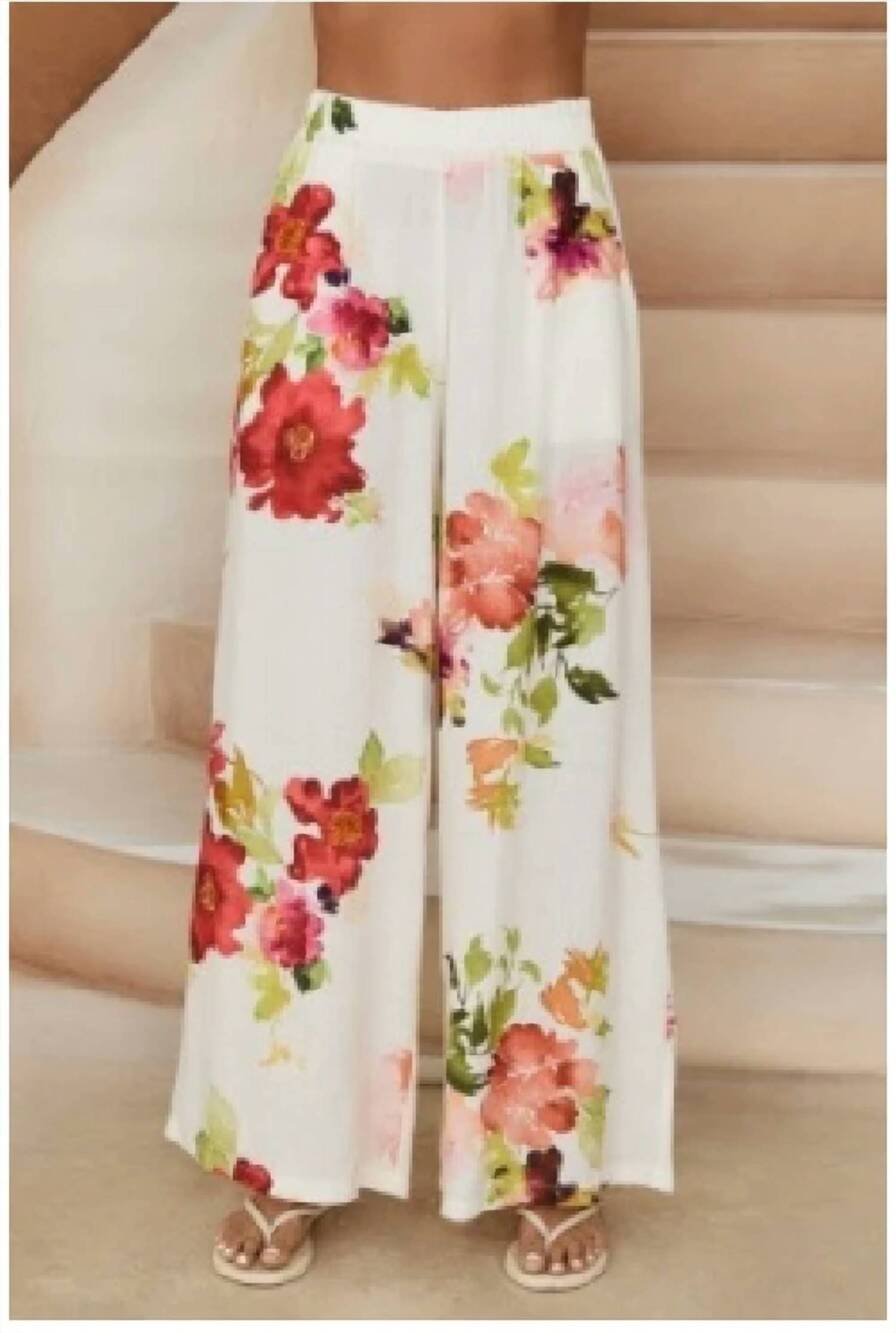 NEW MILIO MILANO women's floral print wide leg pants in white